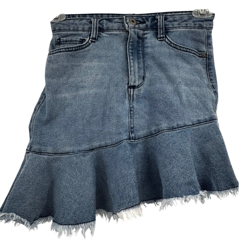 Arizona Jean Co Blue Denim Asymmetrical Ruffle Mini Skirt Raw Hem Sz 3 Boho Chic